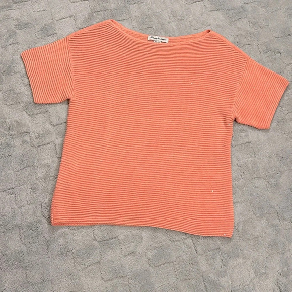 Tommy Bahama Boat Neck Peach Short Sleeve Sweater W/ Micro Iridescent Sequins XS - Picture 1 of 8